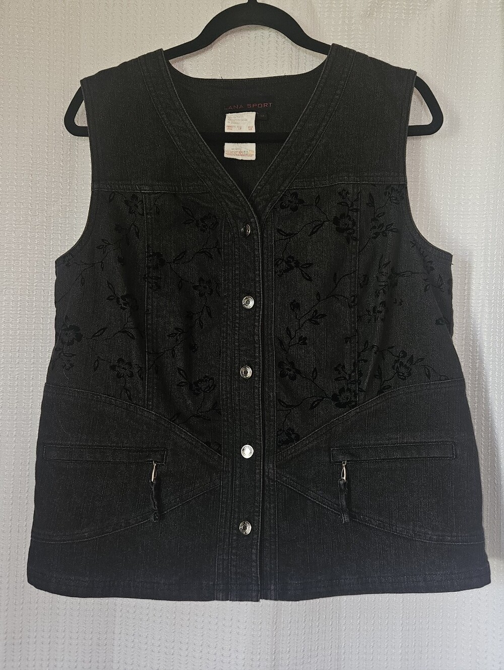 Black Embroidered Denim Vest with Zipper Pockets